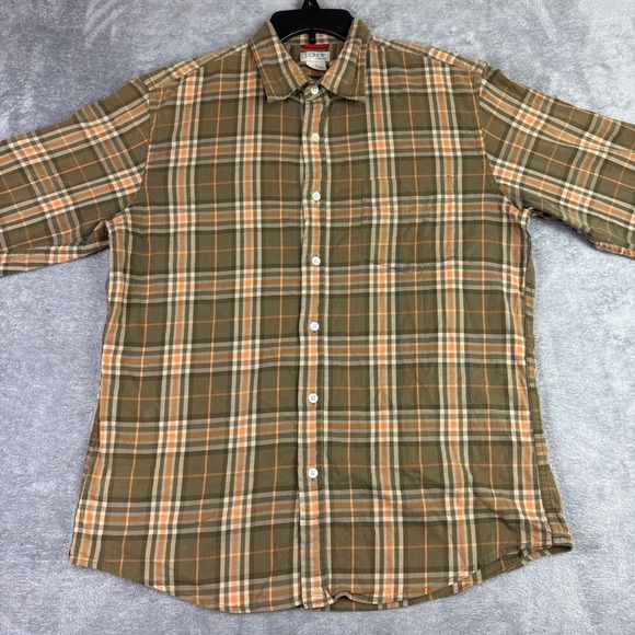 J.Crew Stretch Mens L Plaid Button Down Shirt Long Sleeve Olive Green Orange - Picture 1 of 8
